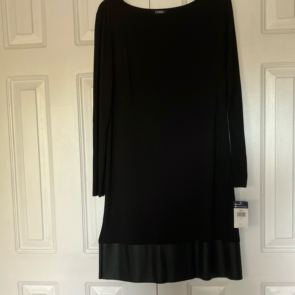 Chaps Black Long Sleeve Sheath Dress with Faux Leather 5 inch Trim Hem